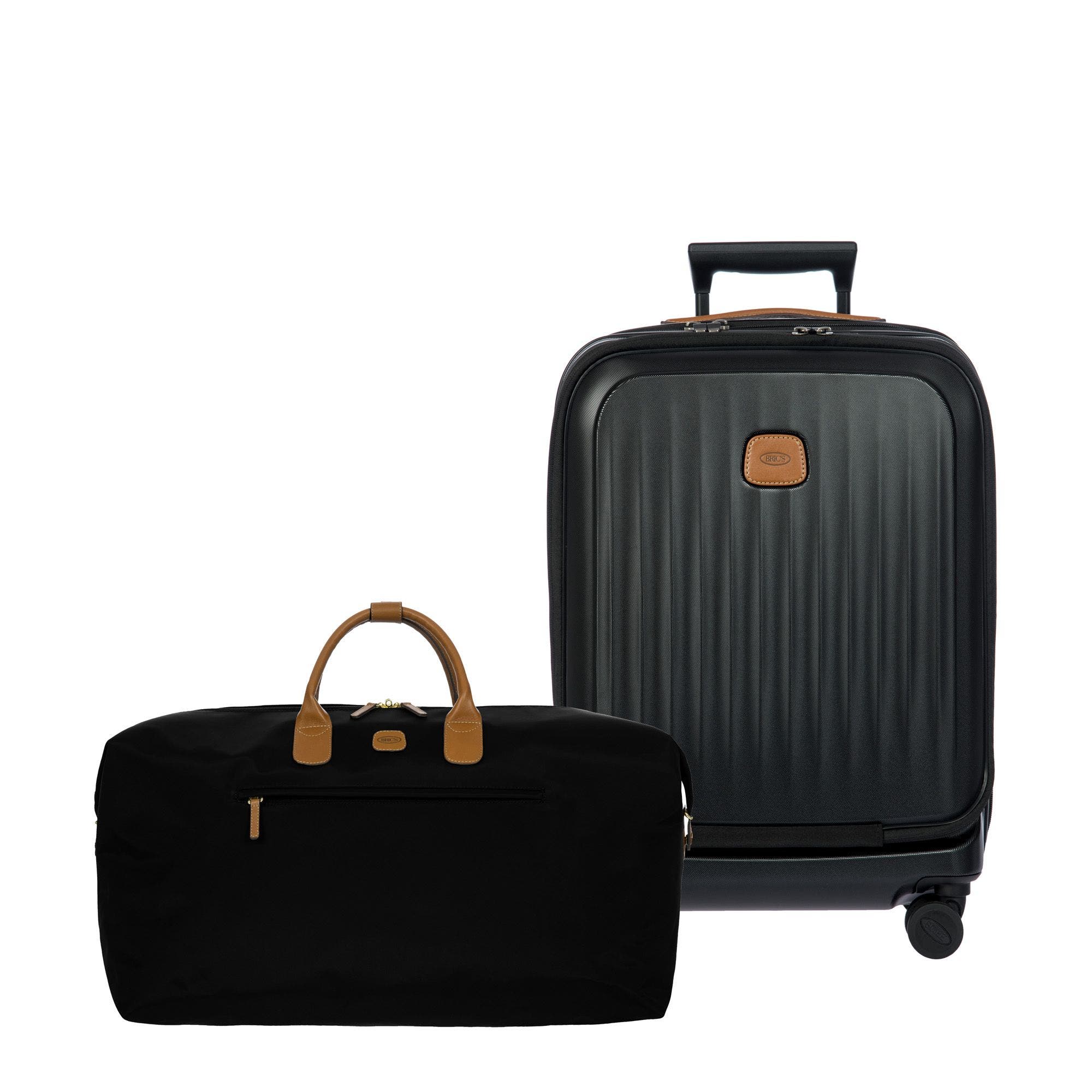 Bric's 2 Piece Set - Taormina Front Pocket 21" Carry-On Spinner & X-Travel 22'' Deluxe Duffle, Main, color, Black