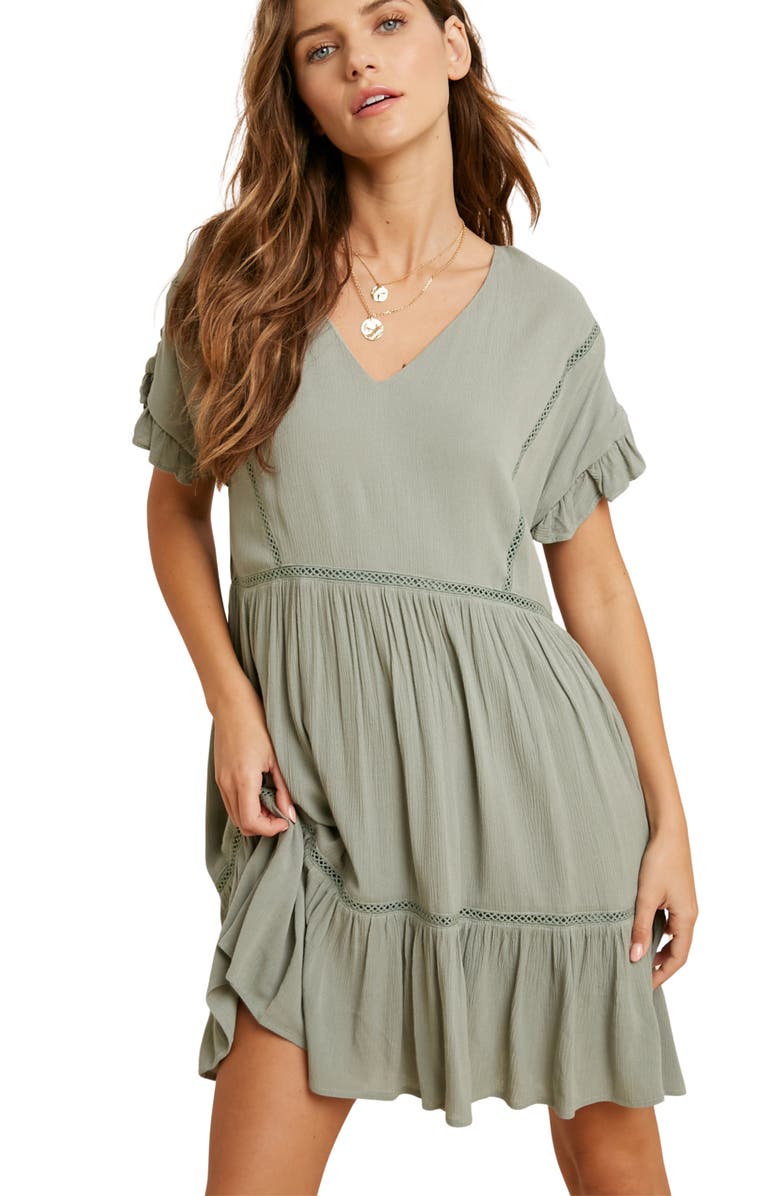 WISHLIST Short Sleeve Babydoll Dress, Alternate, color, Dark Sage