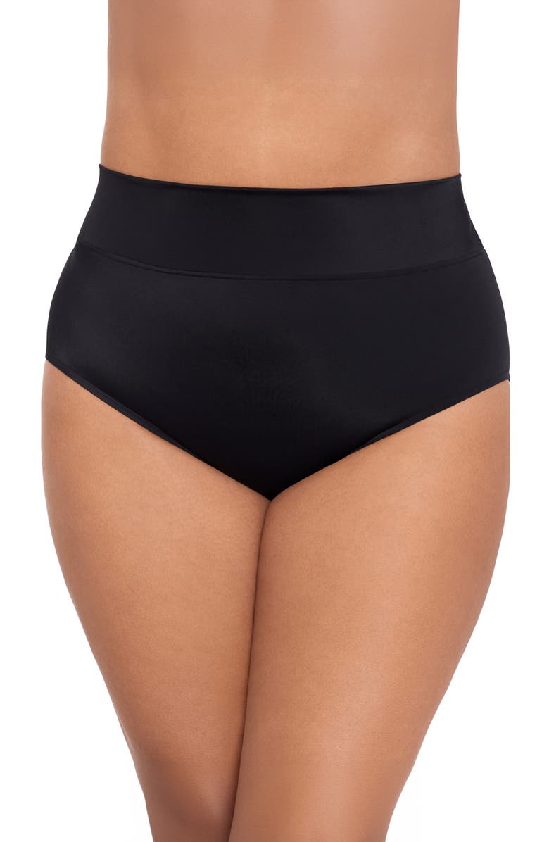 Trimshaper Wide Waistband Yoke-Top Control Plus Size Swim Brief, Main, color, Black