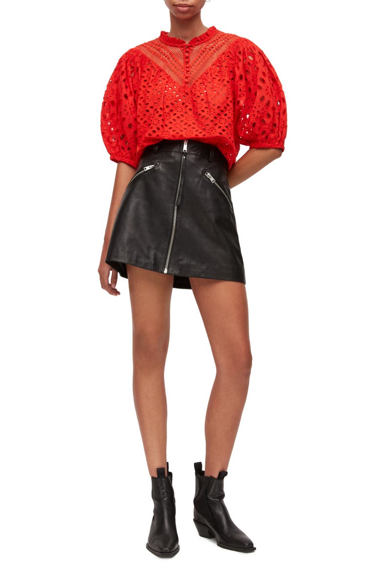 Tila Puff Sleeve Cotton Eyelet Top, Alternate, color, RED