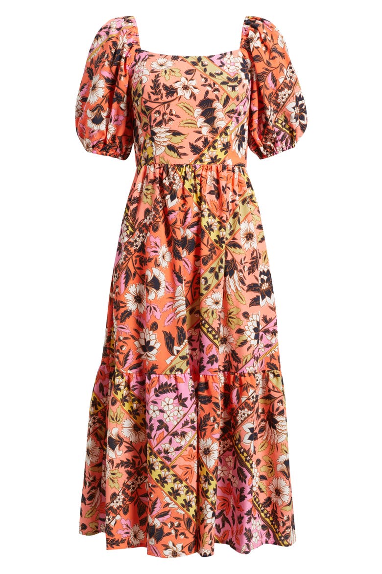 Print Square Neck Puff Sleeve Maxi Dress, Alternate, color, CORAL MULTI