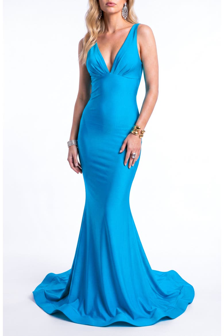 Plunging Low-Back Mermaid Evening Gown With Train, Main, color, Turquoise