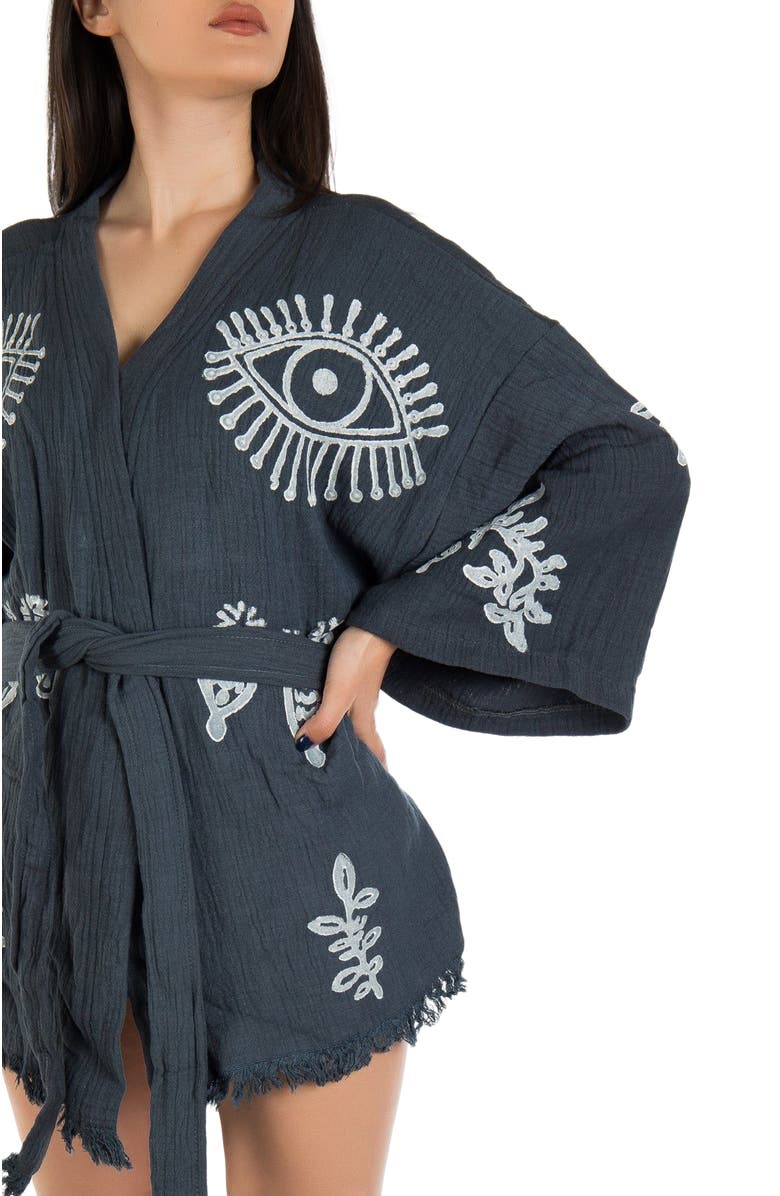 Forever & Always Shoes Sereia Evil Eye Handmade Cotton Short Kimono, Alternate, color, Washed Black