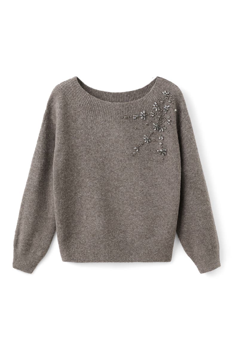 Crystal Detail Boat Neck Sweater, Alternate, color, MEDIUM BROWN