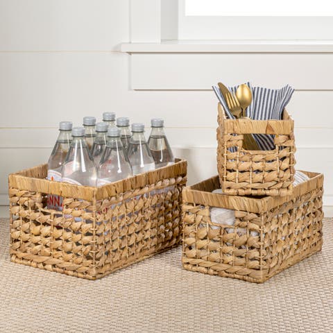 Hayden Bohemian Cottage Handwoven Hyacinth Rectangular Nesting Baskets with Handles, (Set of 3)