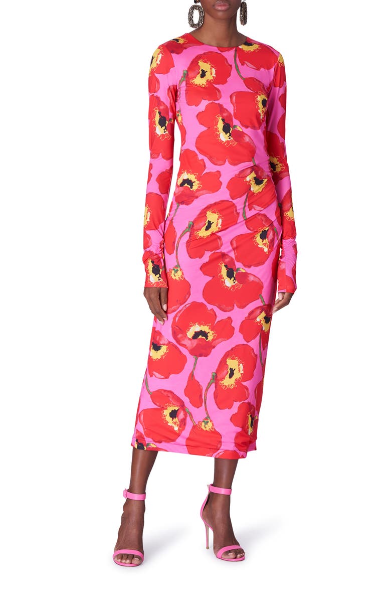 Carolina Herrera Poppy Print Long Sleeve Ruched Knit Dress, Main, color, 