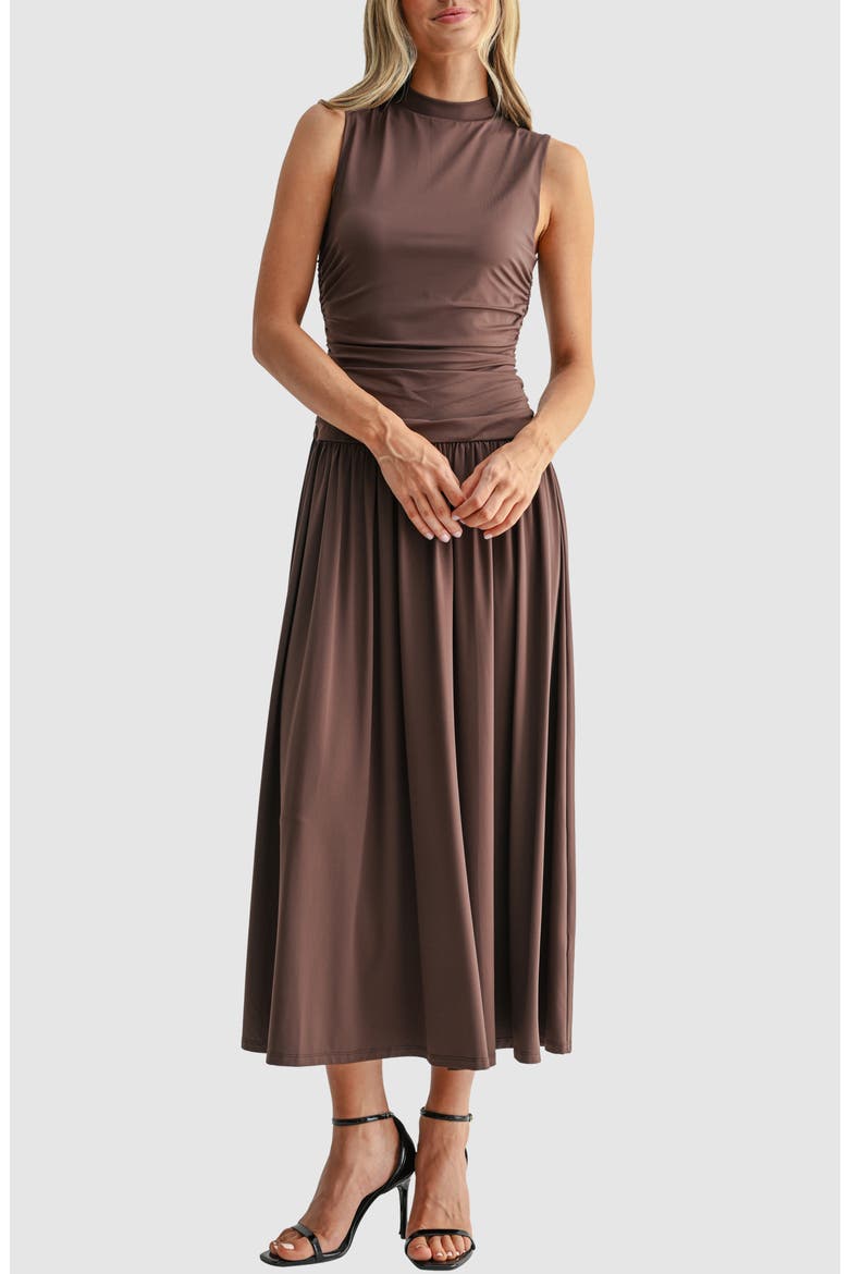 Ruched Mock Neck Drop Waist Fit & Flare Midi Dress, Main, color, BROWN