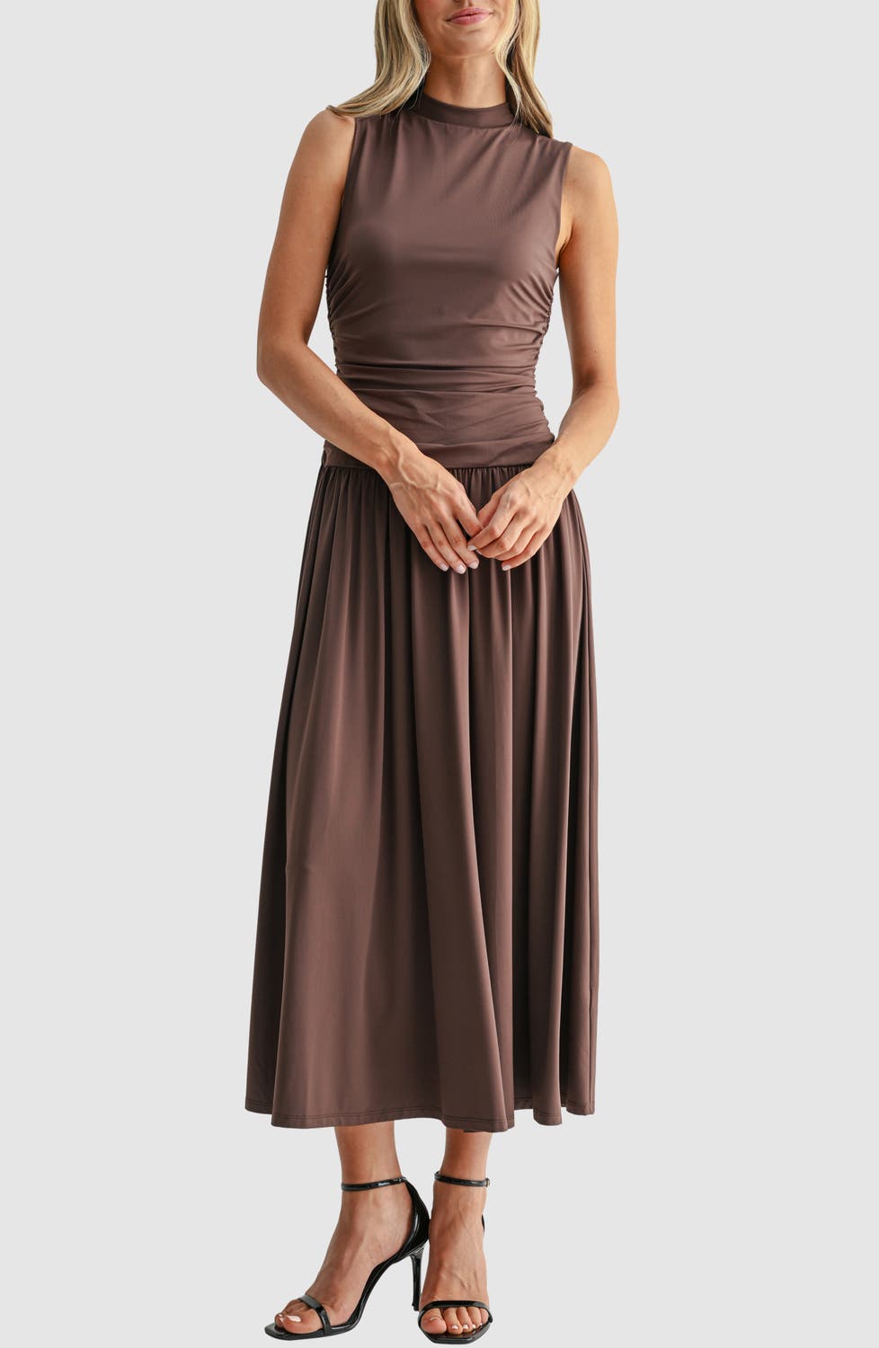 Ruched Mock Neck Drop Waist Fit & Flare Midi Dress