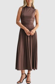 Mila Mae Ruched Mock Neck Drop Waist Fit & Flare Midi Dress