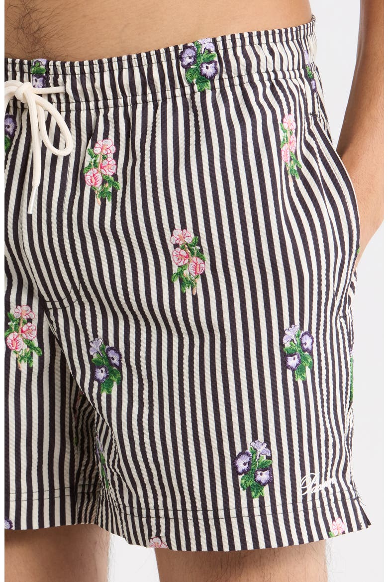 Bouquet Embroidered Stripe Swim Trunks, Alternate, color, BLACK/ WHITE
