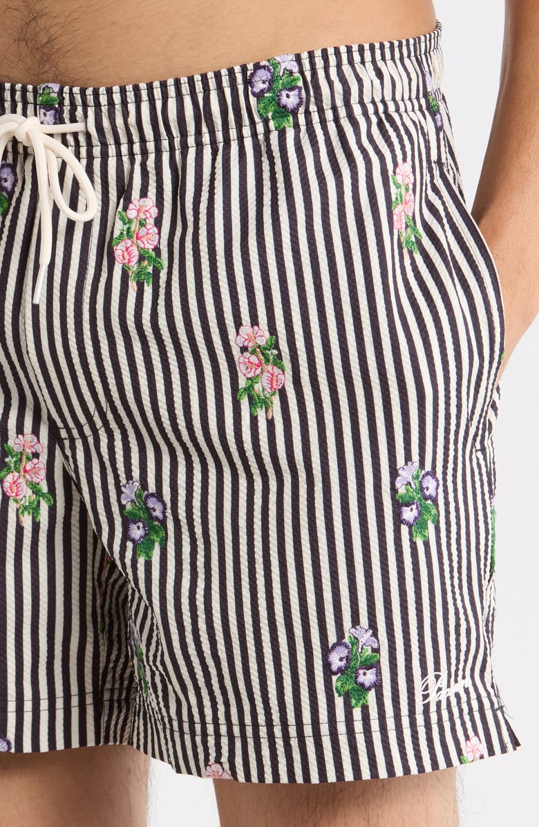 PacSun Bouquet Embroidered Stripe Swim Trunks, Alternate, color, Black/ White