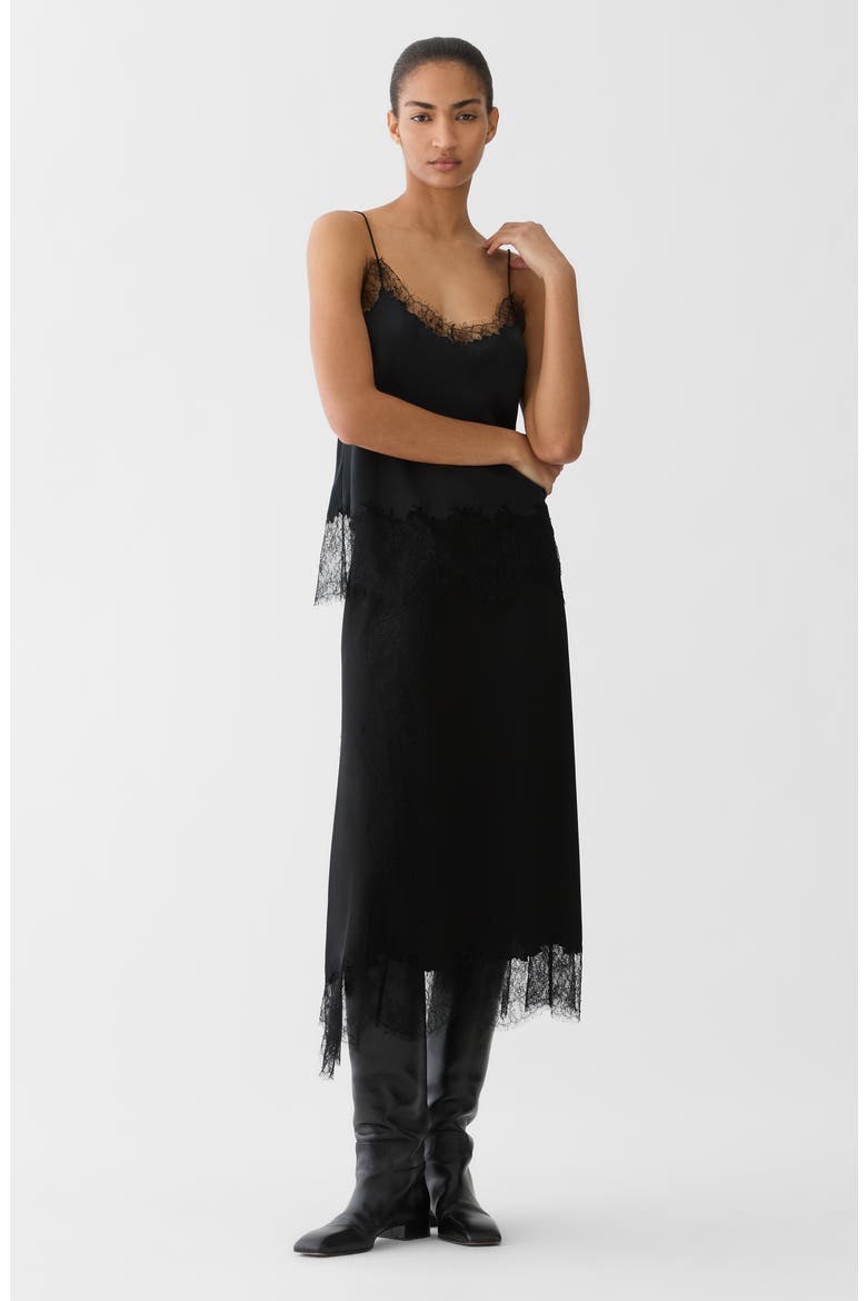Asymmetric Lace Trim Crepe Skirt, Alternate, color, BLACK