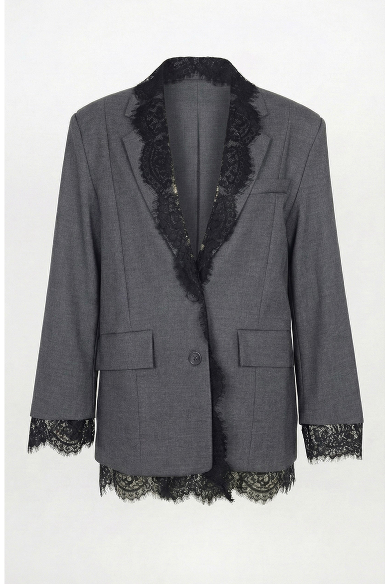 Tailored Lace Trim Lapel Blazer, Alternate, color, Charcoal Gray