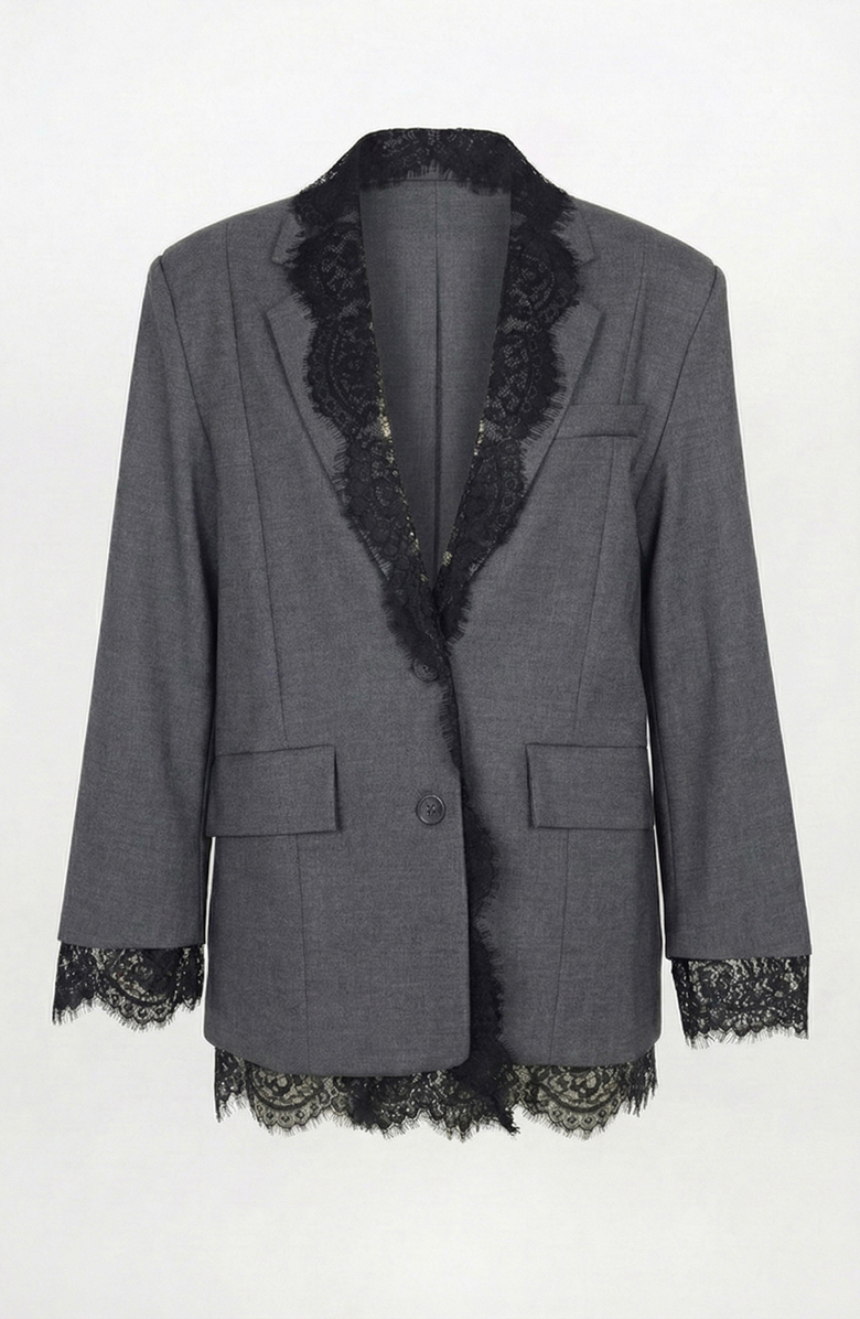 Modenaire Tailored Lace Trim Lapel Blazer, Alternate, color, Charcoal Gray