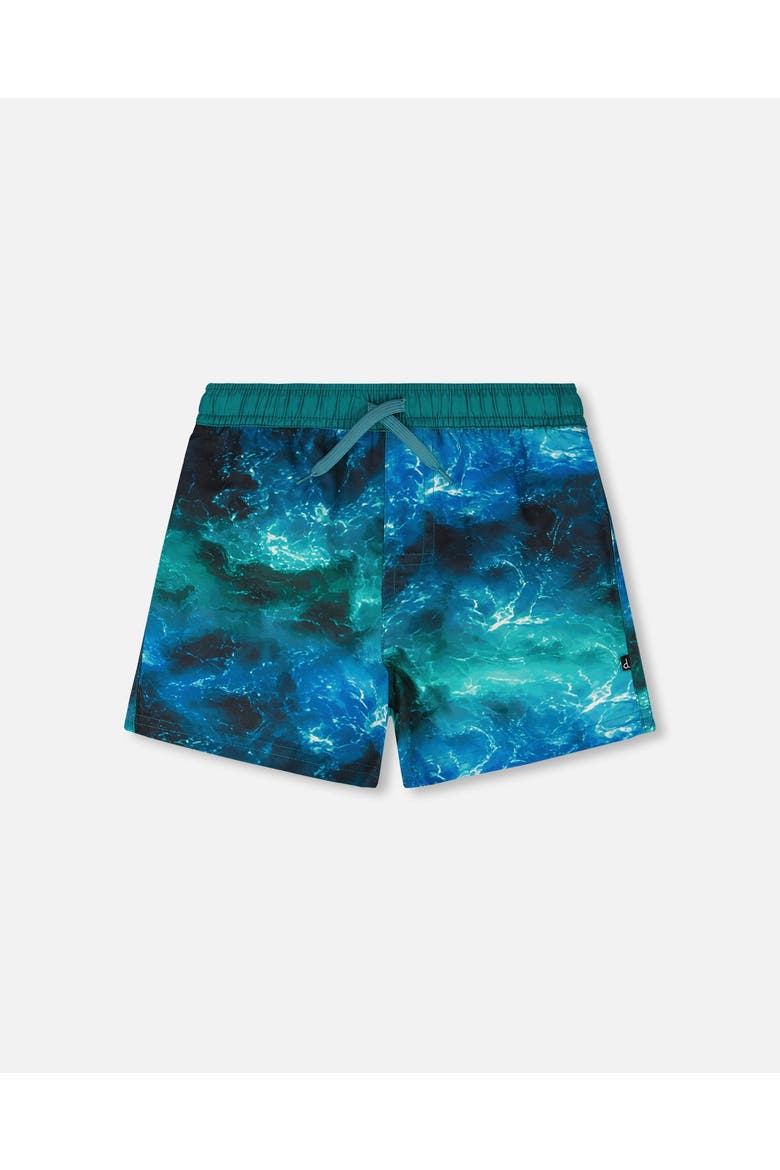 Above the Knee Elastic Waist Dinosaur Waves Trunks, Main, color, Blue Waves Print