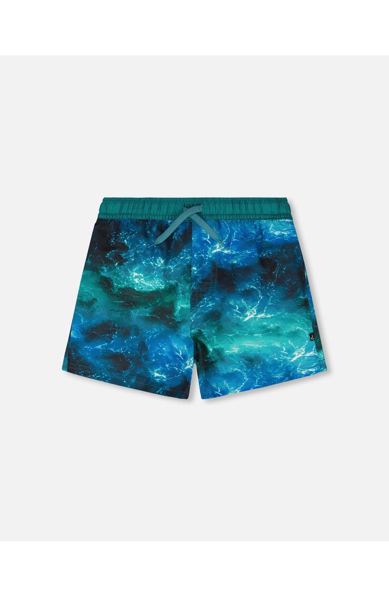Deux par Deux Above the Knee Elastic Waist Dinosaur Waves Trunks, Main, color, Blue Waves Print