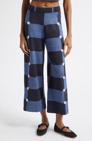 YanYan Daisy Intarsia Check Linen Blend Wide Leg Pants