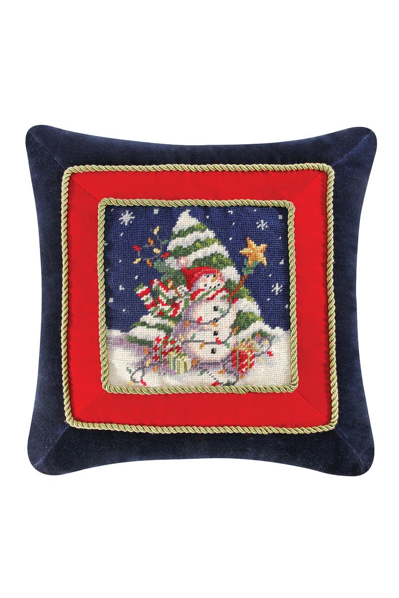 Snowman With Tree Needlepoint Pillow, 18" x 18", Main, color, Blue