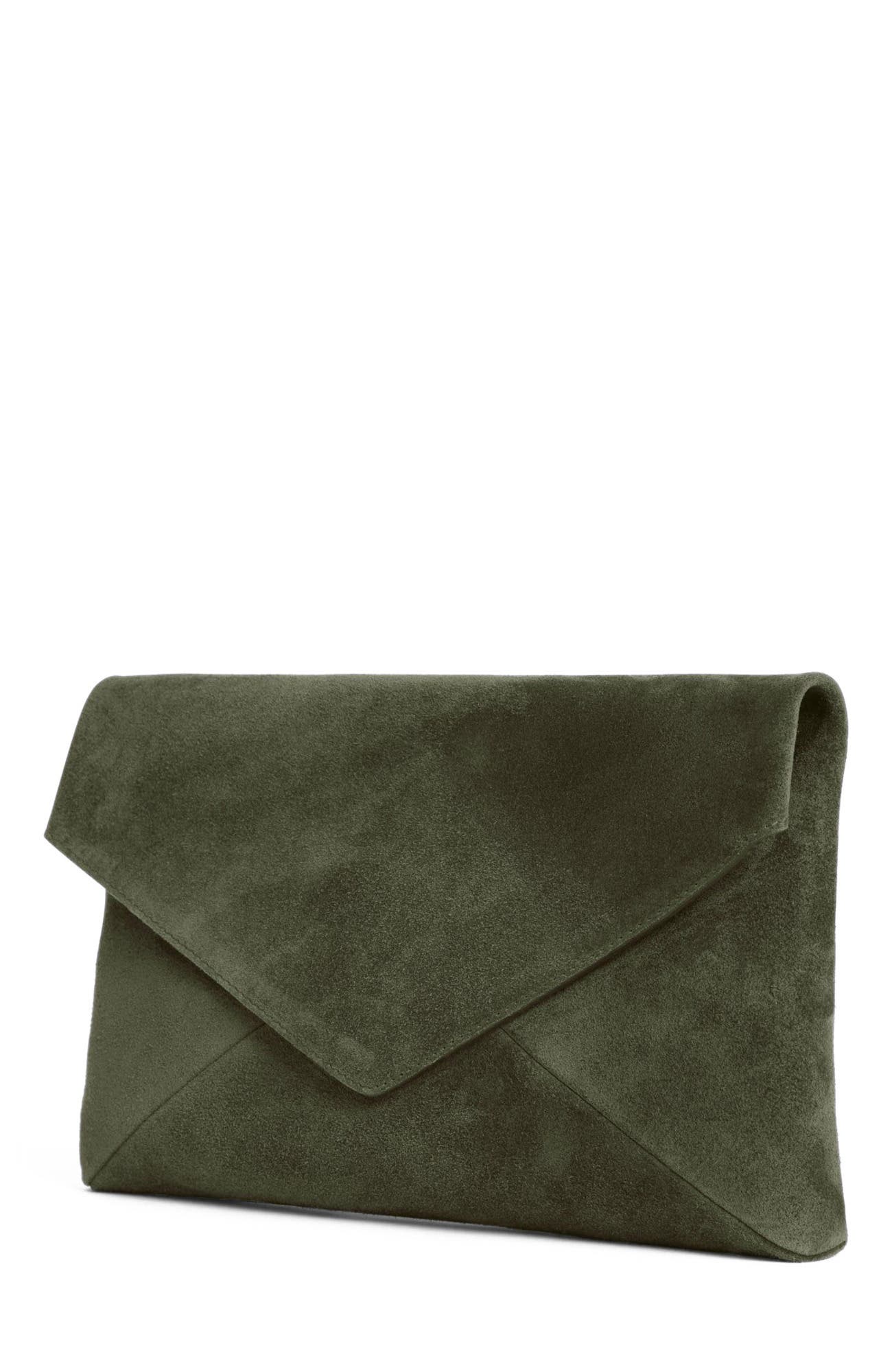 Valentina Envelope Suede Clutch, Alternate, color, Olive Suede