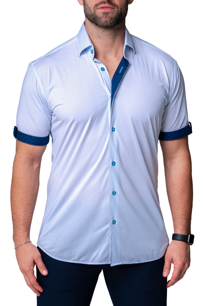 Galileo Chewy Blue Stretch Short Sleeve Button-Up Shirt, Main, color, BLUE