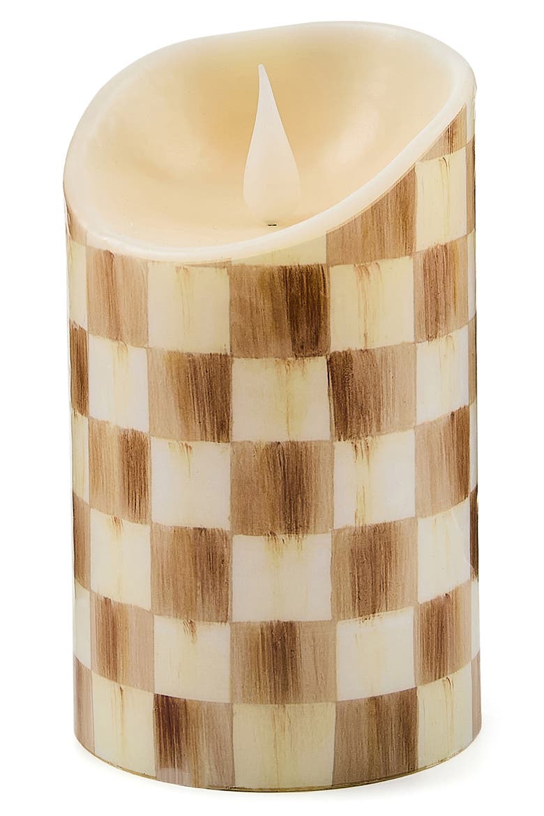Mocha Check Flameless 5-Inch Pillar Candle, Main, color, MOCHA