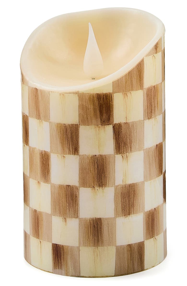 MACKENZIE CHILDS Mocha Check Flameless 5-Inch Pillar Candle, Main, color, Mocha
