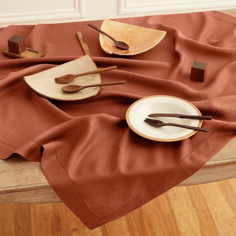 Linen Table Throw - Classic Hemstitch, 52" x 52" Inch, 52" x 52" Inch