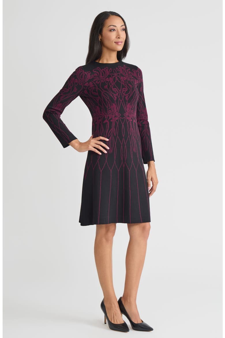 Flared Floral Jacquard Soft Knit Dress, Alternate, color, Black/Midnight Violet