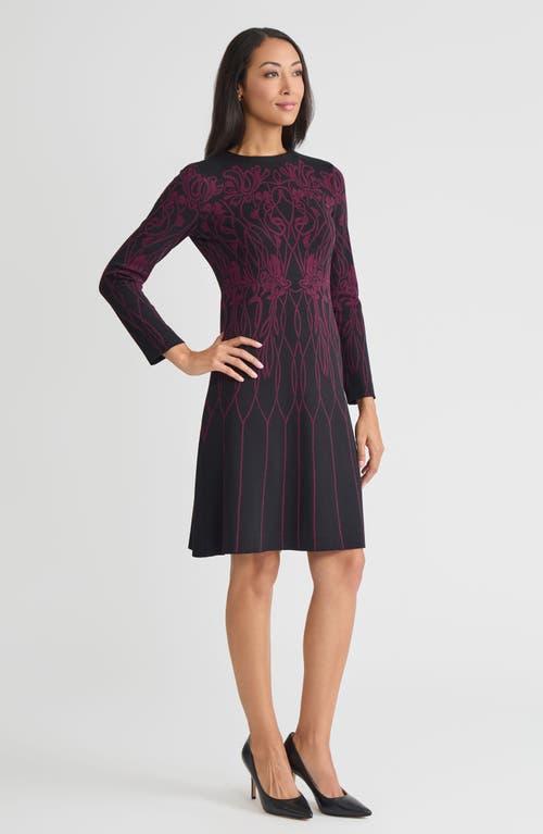 Ming Wang Flared Floral Jacquard Soft Knit Dress In Purple