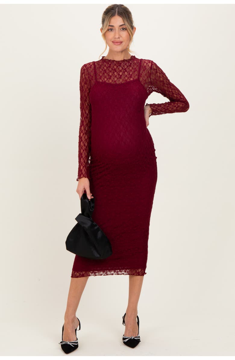 PinkBlush Lace Overlay Fitted Midi Dress, Main, color, Burgundy