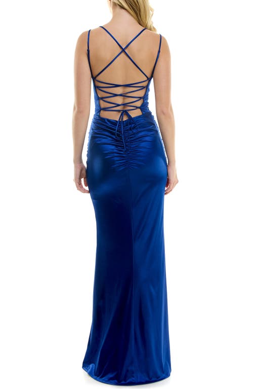 Speechless Ruched Sleeveless Gown In Saphire Jm