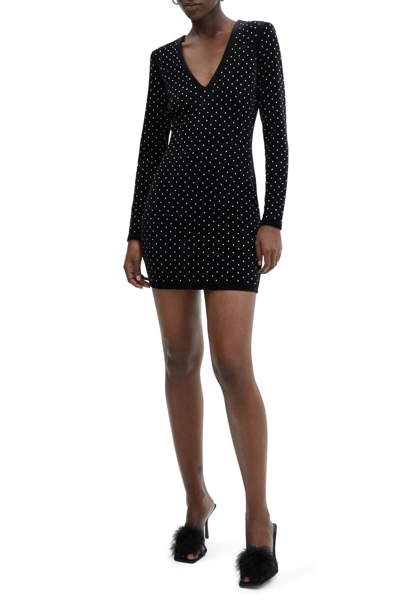 Rhinestone Long Sleeve Velvet Minidress, Main, color, BLACK
