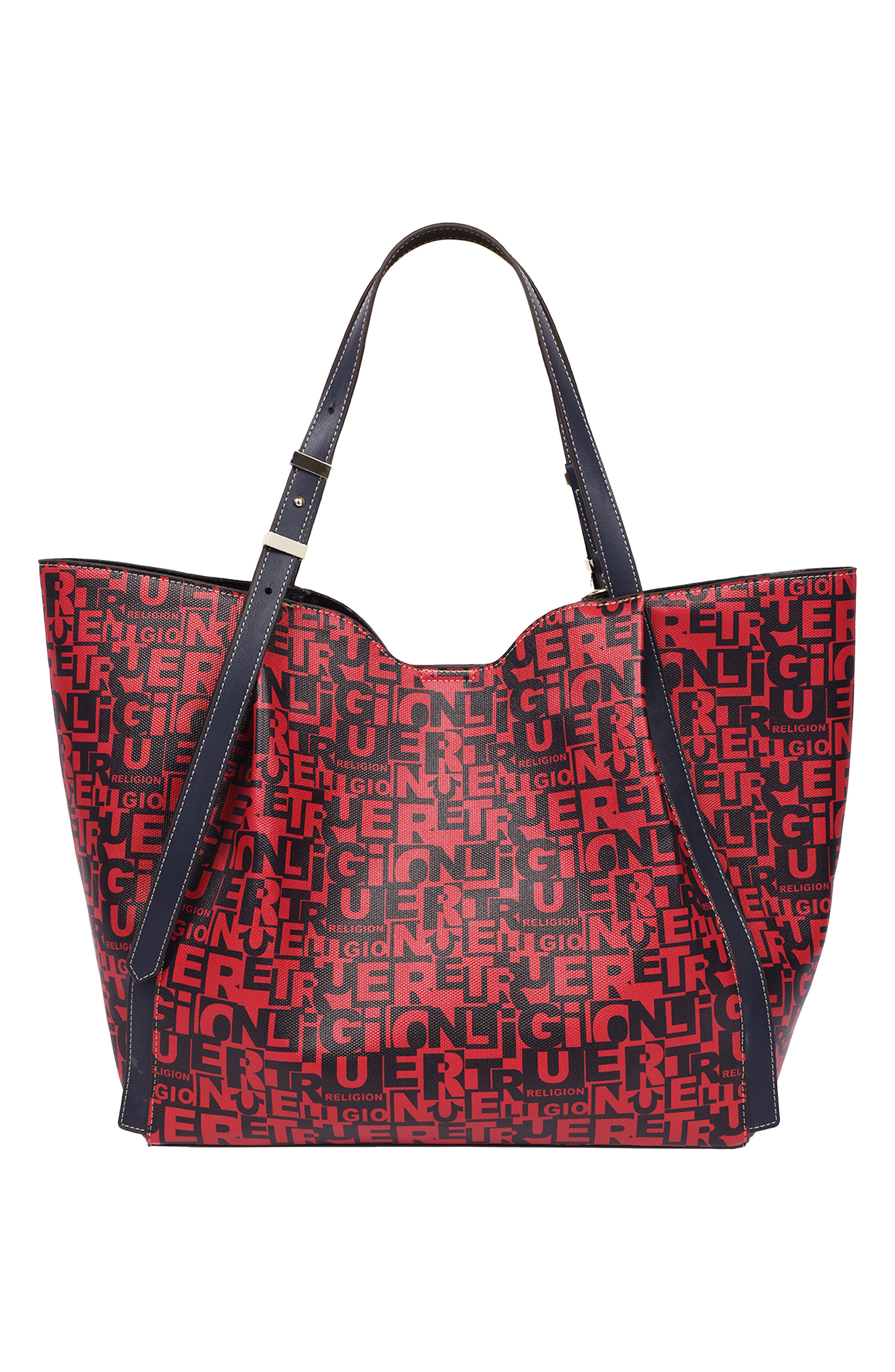 Multi Patch Faux Leather Graphic Tote, Alternate, color, RED