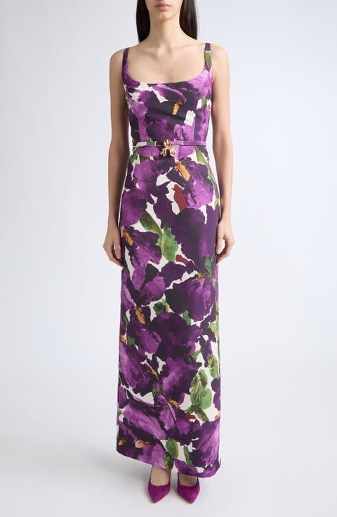 Watercolor Iris Faille Column Gown