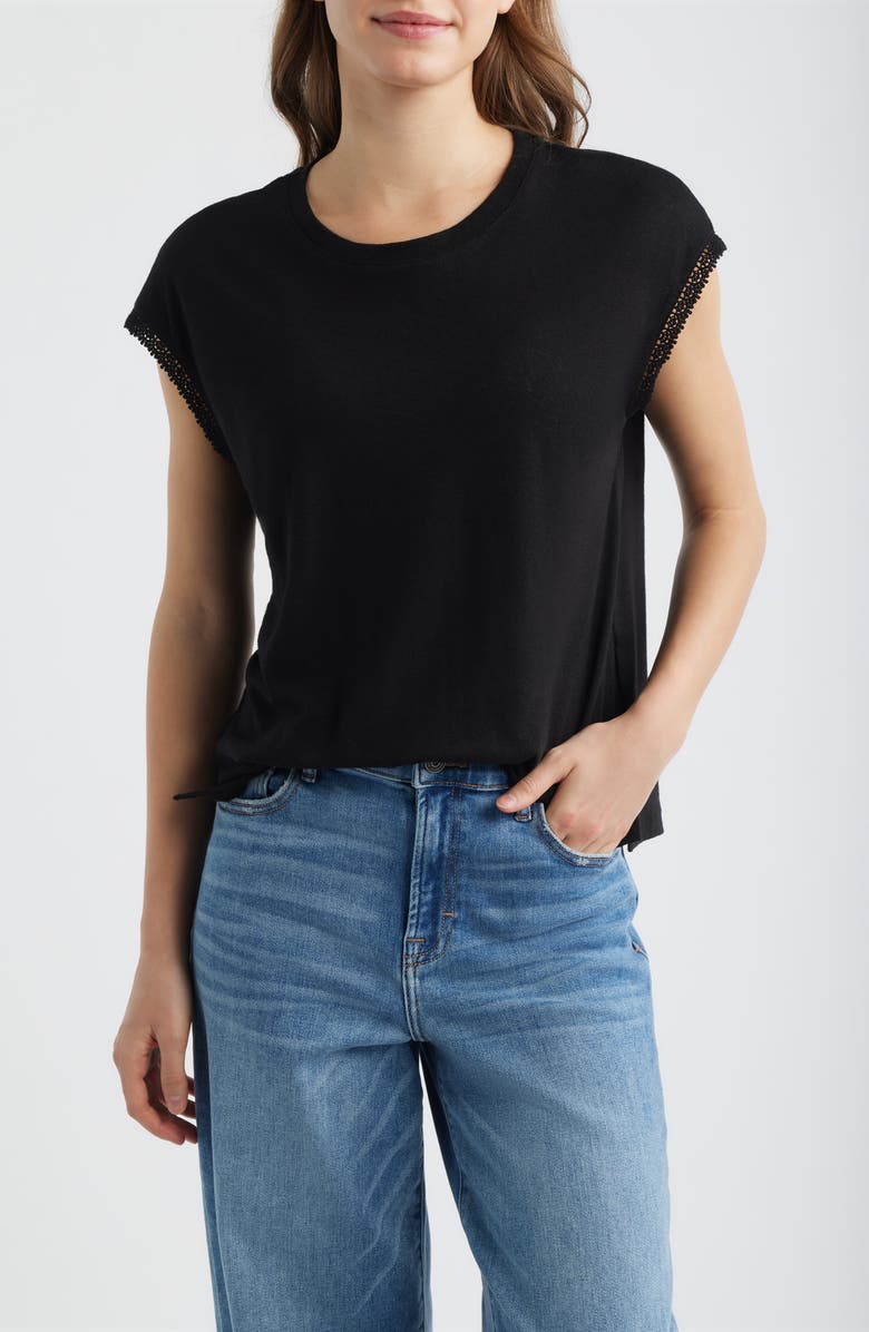 Wit & Wisdom Crochet Cap Sleeve Tee, Main, color, Black