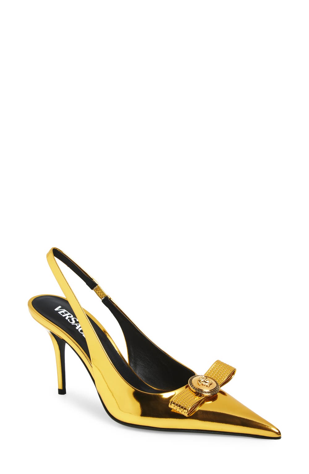 Medusa Bow Metallic Pointed Toe Slingback Pump, color, GOLD-VERSACE GOLD
