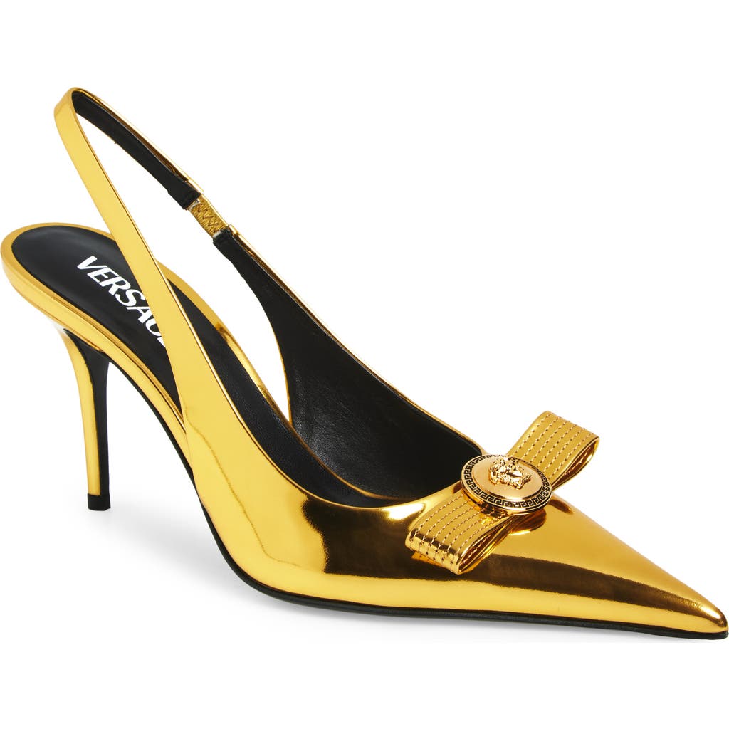 Versace Medusa Bow Metallic Pointed Toe Slingback Pump In Gold