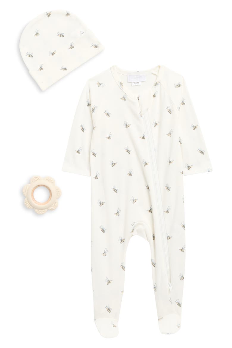 Bee Print Footie, Hat & Teether Set, Main, color, WHITE