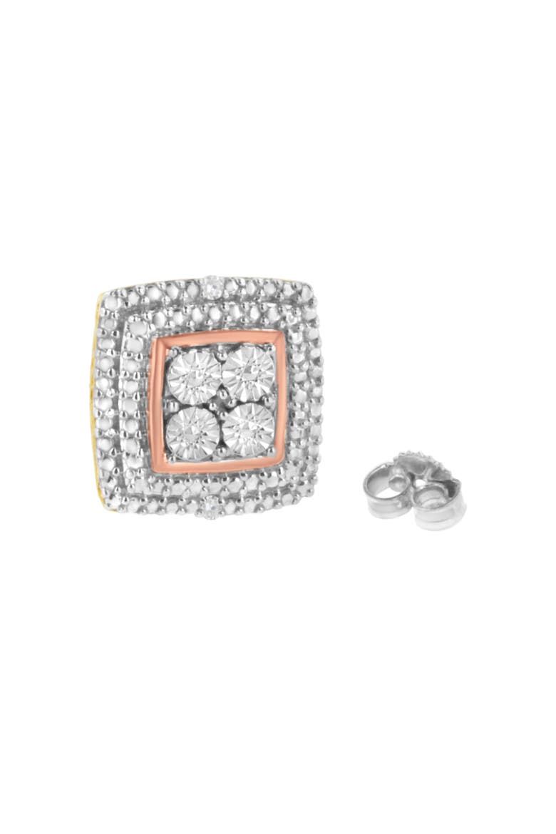 Silver Diamond Accented Square Shaped Milgrain Stud Earrings, Alternate, color, Tri Tone