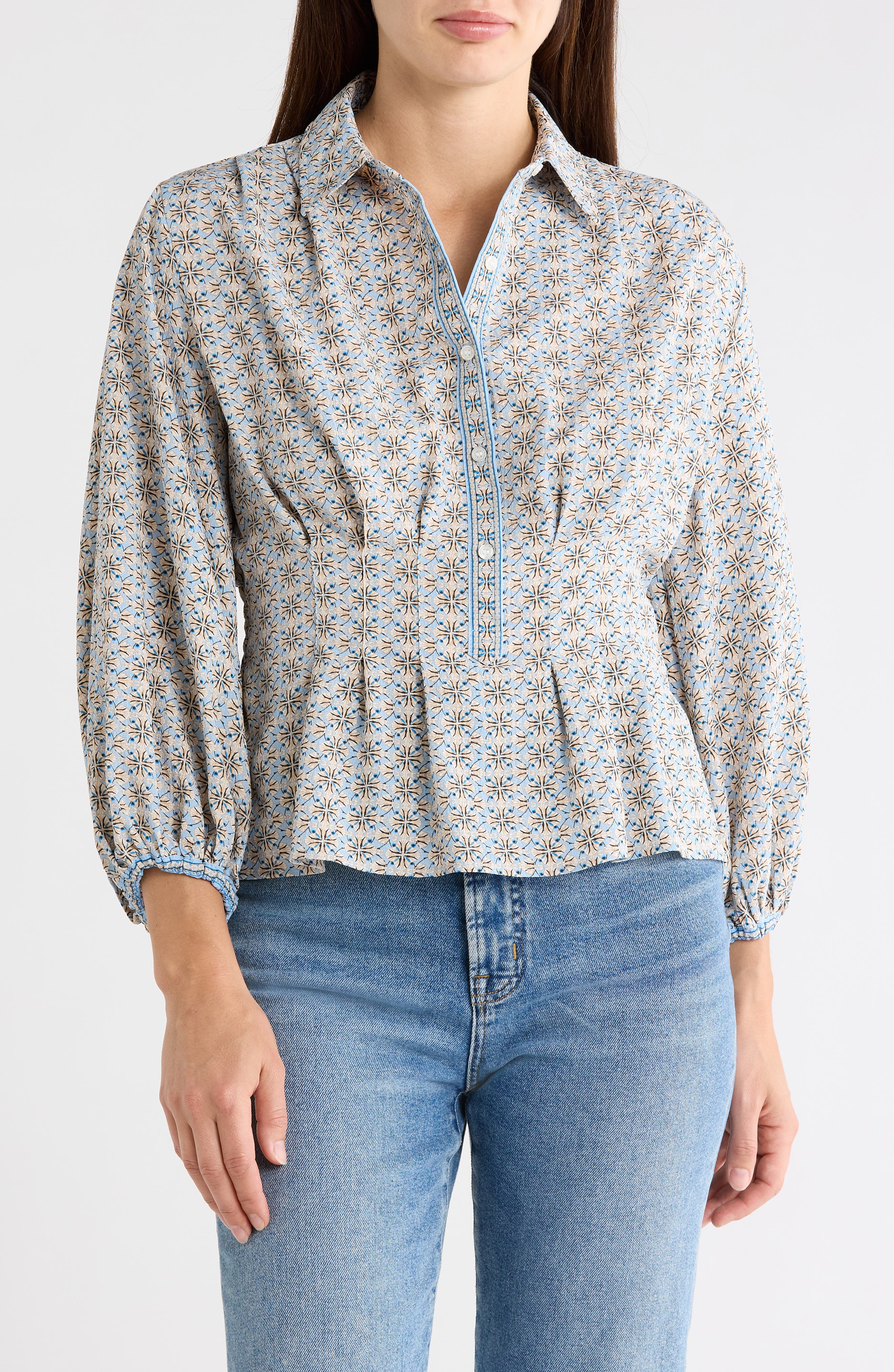 MAX STUDIO Balloon Sleeve Button-Up Peplum Top
