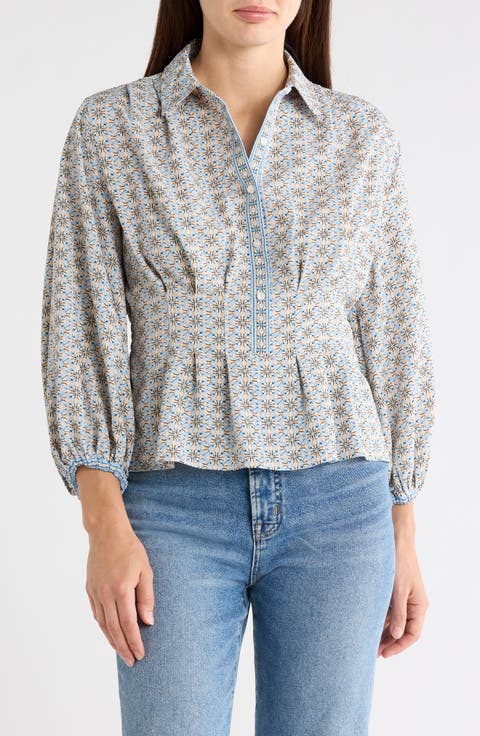 Balloon Sleeve Button-Up Peplum Top