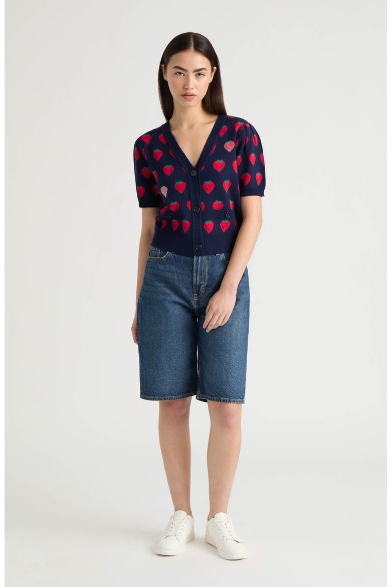 Mushroom Jacquard Cardigan, Alternate, color, NAVY STRAWBERRY