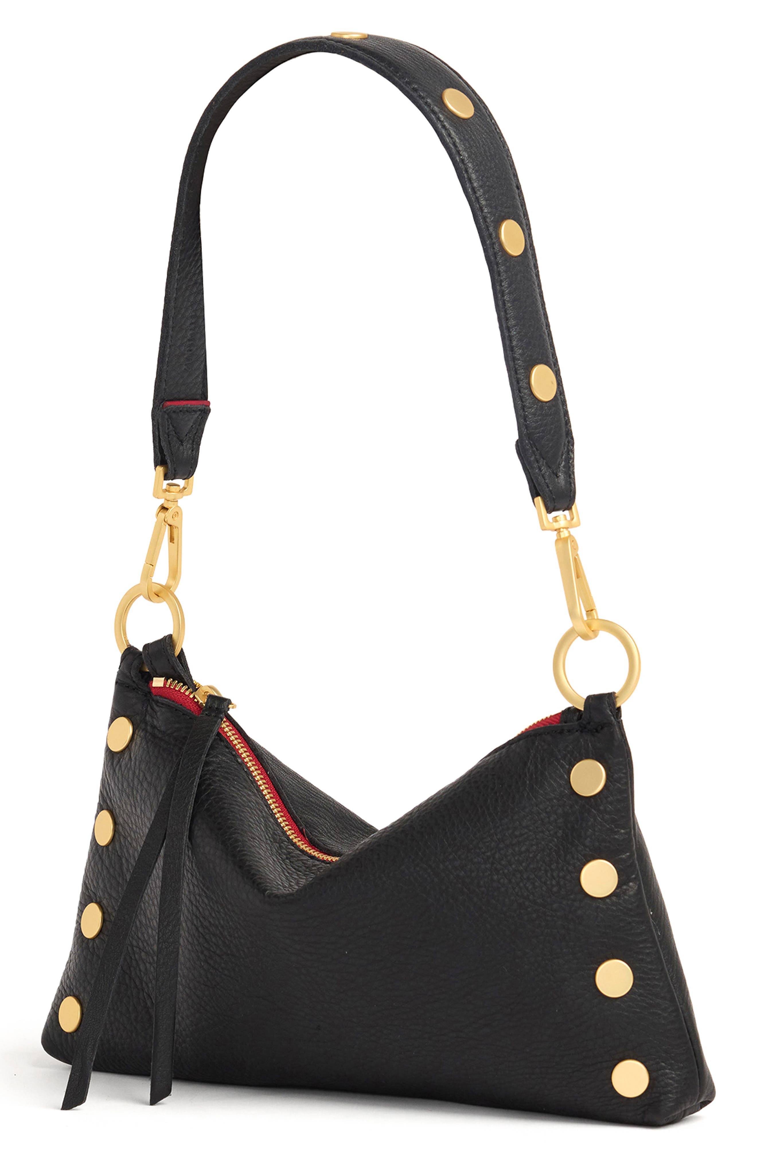 HAMMITT Rivet Leather Bag Strap, Alternate, color, Black Pebbled/ Brushed Gold