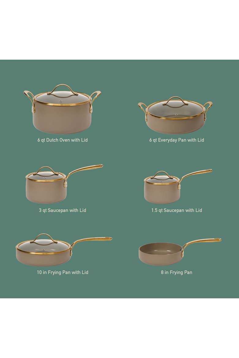 15 Piece Ceramic Nonstick Aluminum Cookware Set with Dutch Oven, Alternate, color, Cappuccino with Gold Handle