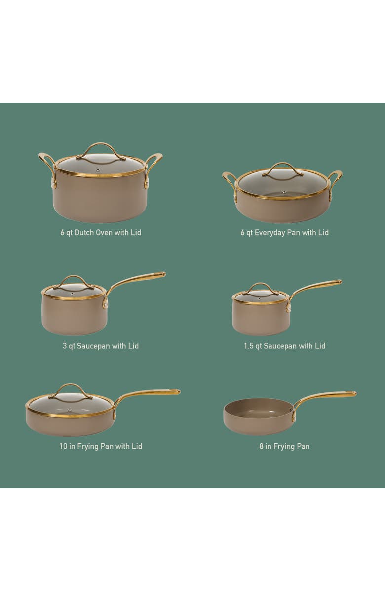 Bloomhouse 15 Piece Ceramic Nonstick Aluminum Cookware Set with Dutch Oven, Alternate, color, Cappuccino With Gold Handle