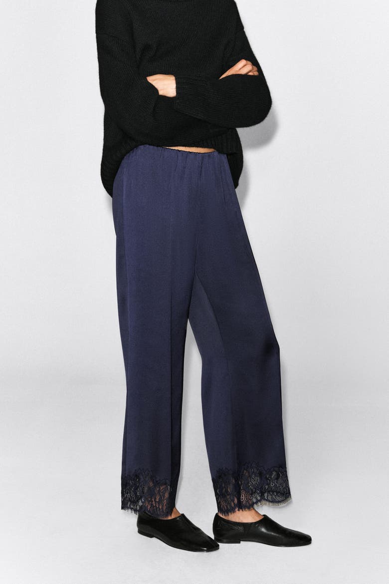 Lace-trimmed Satin Pants, Alternate, color, NAVY