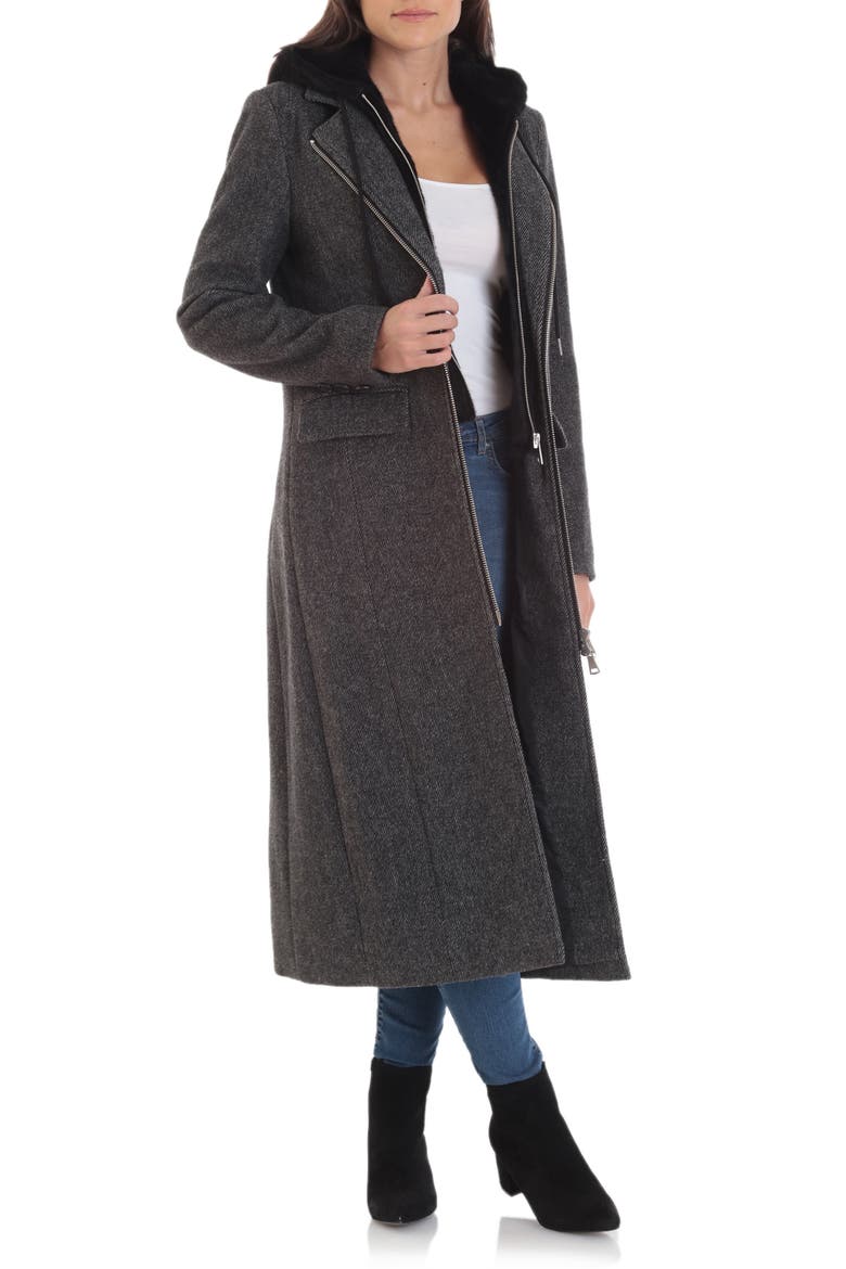 Moto Wool Blend Coat with Removable Hooded Bib, Main, color, BLACK/ WHITE OLD