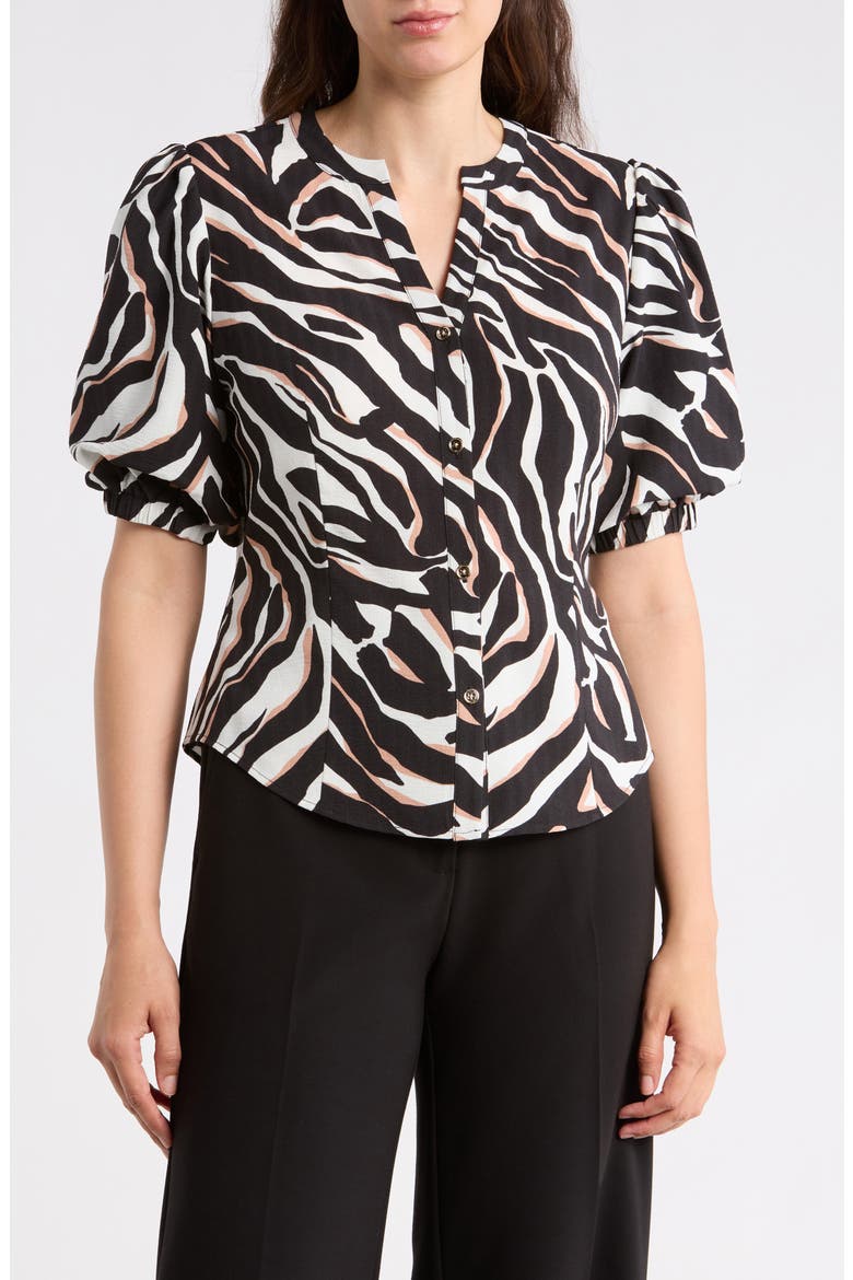Puff Sleeve Button-Up Top, Main, color, BLACK IVORY