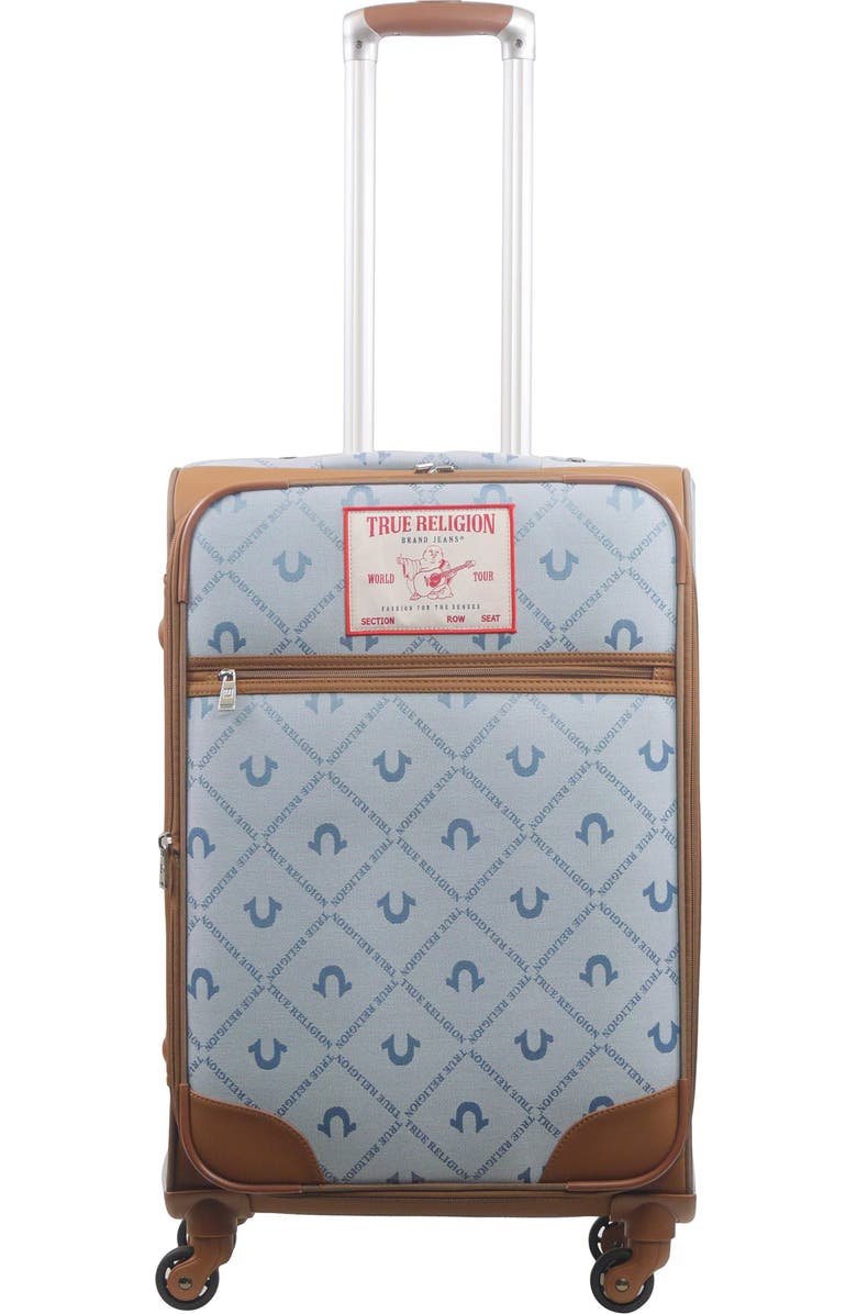 True Religion Soft Sided 27" Expandable, Spinner Luggage wiith Ionic logo monogram and Buddha patch, Alternate, color, Denim