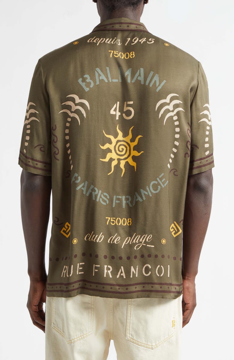 Balmain Club 45 Print Short Sleeve Button-Up Pajama Shirt, Alternate, color, Uix Khaki/ Multi